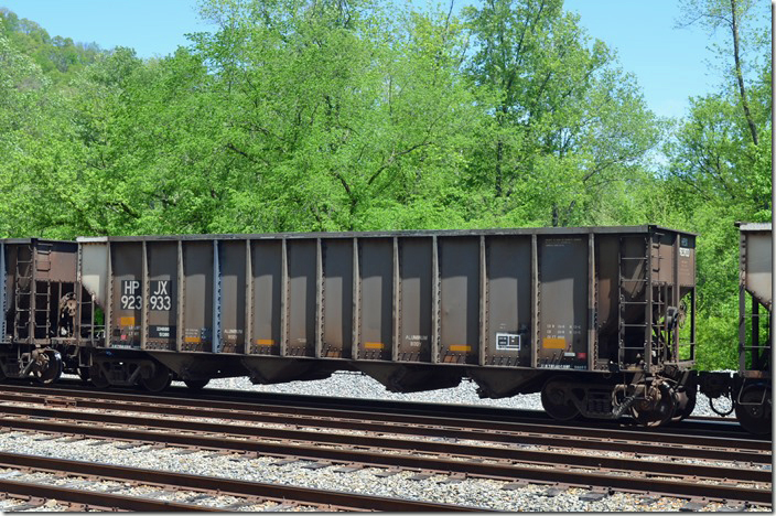 HPJX (Helm-Pacific Leasing) hopper 923933 was arriving Martin KY yard with an entire train of its sisters on 05-02-2020. This car is equipped with rotary couplers on one end, has a load limit of 234,800 and a volume of 4,000 cubic feet. It was built by Johnstown-America in 10-1993. J-A merged into Freight Car America, and their former Bethlehem Steel operation in Johnstown PA, was shuttered. This car is ex-CTRN (Central of Tennessee Railway & Navigation Co.). HPJX 923933.