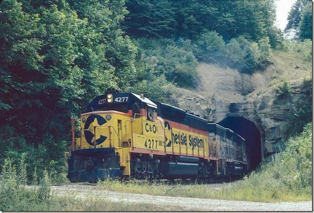 C&O 4277 exiting Midas Tunnel near Hueysville KY. 08-1981. E&BV SD Martin.