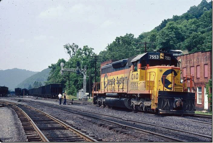 An SD40 or SD35 – following the utilization of the ALCos – was usually found working the loaded yard. 06-17-1978. C&O Peach Creek-FD Cabin.