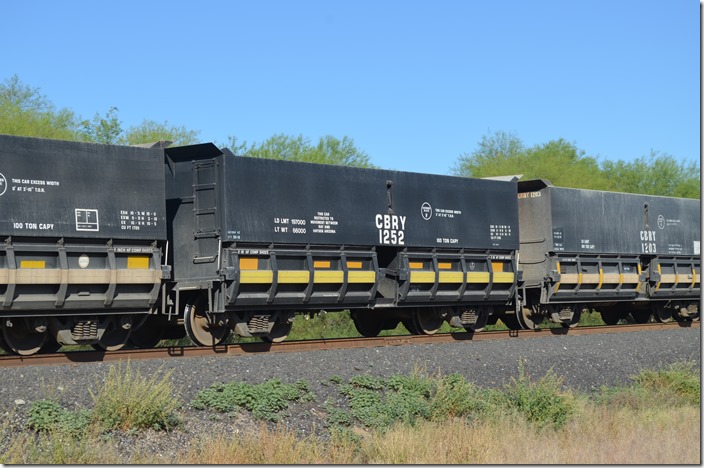 CBRY 1252 hopper has a capacity of 1720 cubic feet. They were always moving, so I didn’t see when they were built. Kearny AZ.