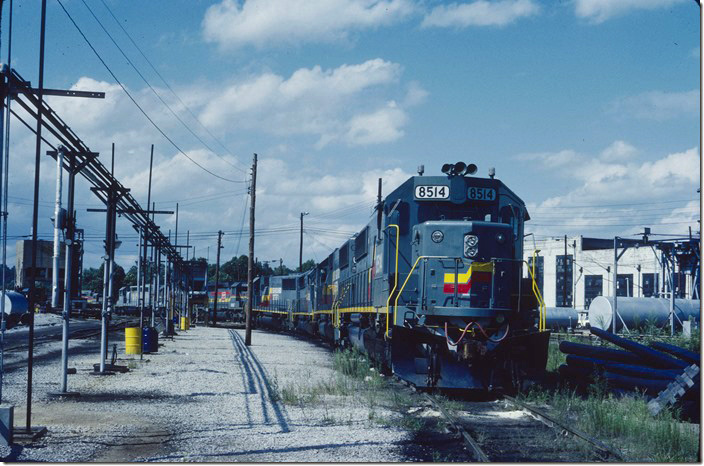 New SBD SD50s 8514-8517-8512-8508 parked at the service area on this quiet Sunday, 09-05-1983. L&N. Corbin KY.