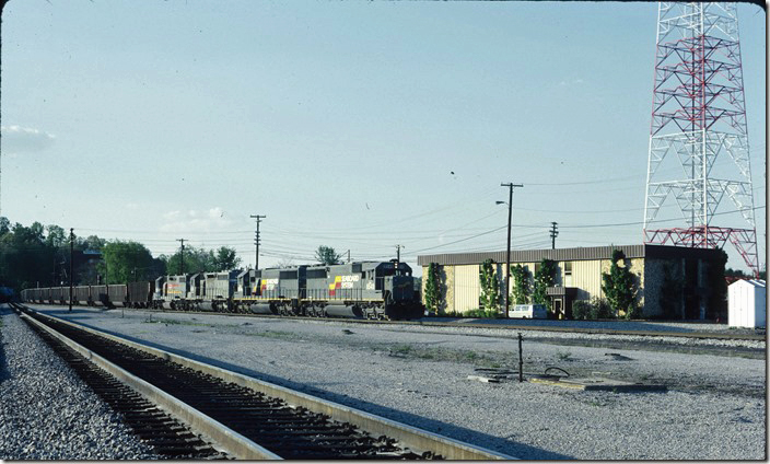 SCL 8549-8546-8211-2596 arrive with a southbound SJRX coal train from Ravenna KY. 05-01-1988. L&N Corbin KY.