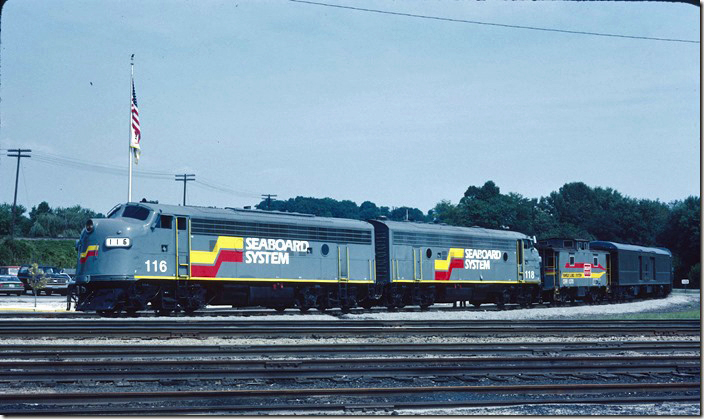 Former Clinchfield Fs lead an inspection train from St. Paul VA, into Corbin KYon 08-30-1983.