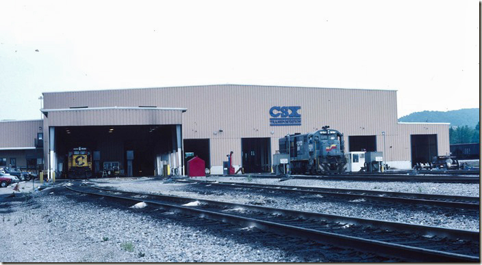 SBD 7279 and ex-C&O 5352 at the north end of the loco shop. 06-19-1988. CSX Corbin KY.