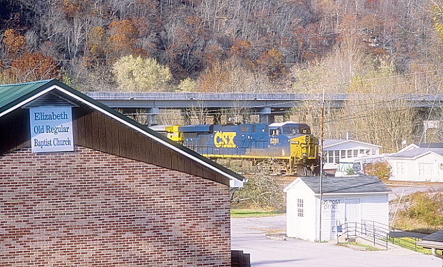 CSX 5281-7396 wait at Fords Branch with an e/b grain train for permission to enter the yard.