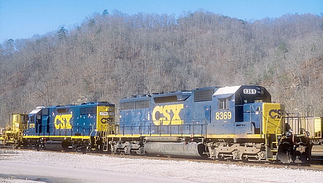 CSX SD40-2 8369 and GP38-2 2778 at Shelby on a rail train on 12-18-11.