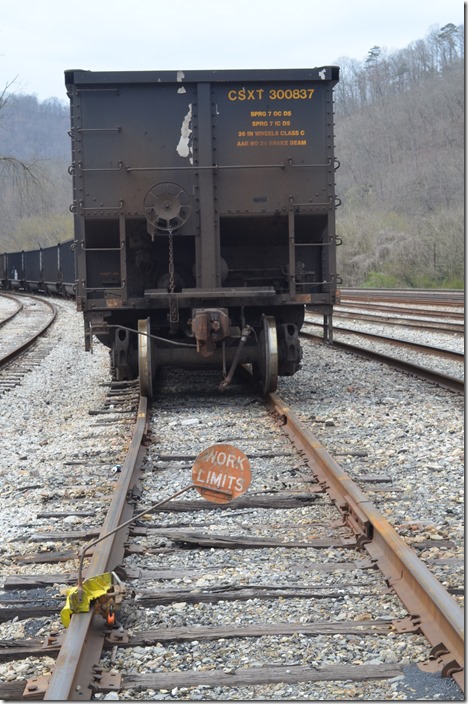 CSX “WORK LIMITS” sign and derail in Shelby Yard. 03-29-2019. Shelby KY.