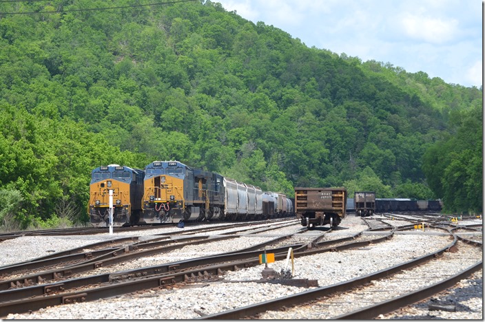CSX 7201 is on the front of Q692 and CSX 3393 heads ethanol empty train K428-16. Shelby KY. 05-17-2020.