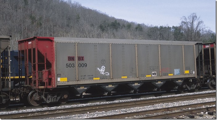 BNBX (Greenbrier Management Services) 503009 is ex-CHTT of the same number. 235,100 load limit; 4300 cubic feet. Johnstown-American 6-98. Shelby, KY 2-20-2013.