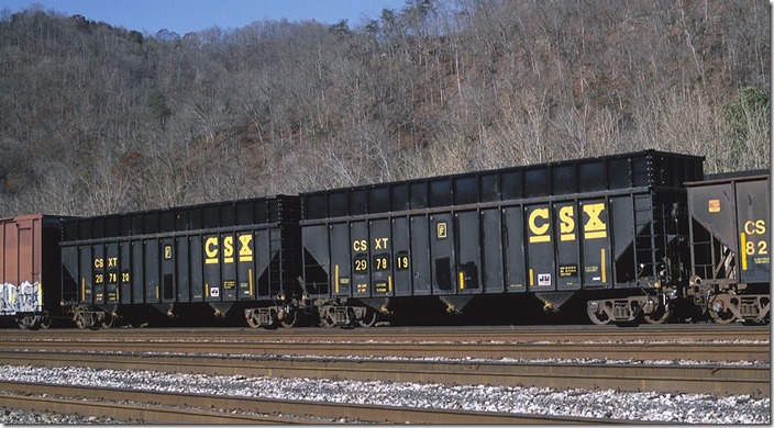 CSX 297819 and 297820 are regular hoppers converted to haul coke by CSX’s Erwin, TN project shop. Shelby, KY 11-18-2012. 