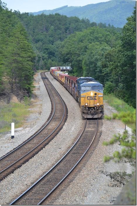 Coming home on Sunday, 08-2-2015, L135 was arriving Clifton Forge. The outbound crew was called for 2:10 PM. I grabbed a quick lunch at Hardees and proceeded on up to Moss Run. L135-01 (an alternate schedule to Q135) slowly moved up the hill with 408 axles behind CSX 5403-7302. Moss Run.
