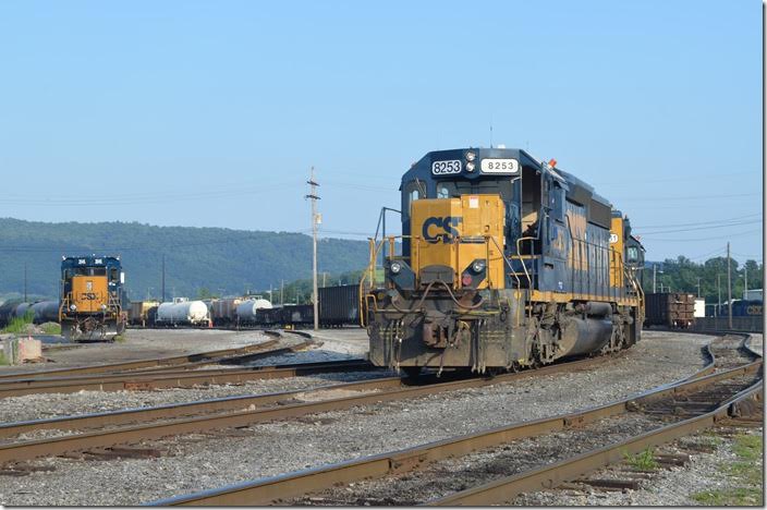 CSX 8253 is an ex-B&O SD40-2 relegated to yard duty. Note the different number boards. This engine set was being operated by remote control. CSX 8253-2431 2045. Cumberland MD.