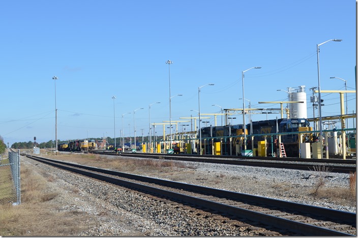 Looking north on the main line with the CSX engine terminal on the right. Q439’s power is already on the pit. Hamlet NC.