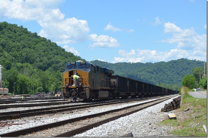 The crew of mine run F812-12 (Florence Division hence the “F” instead of “H” designation) board GE ES44AH 3232 with 111 empty tubs. The nearest track is the main line of the Logan Subdivision. CSX 3232. Peach Creek WV. 06-12-2020.