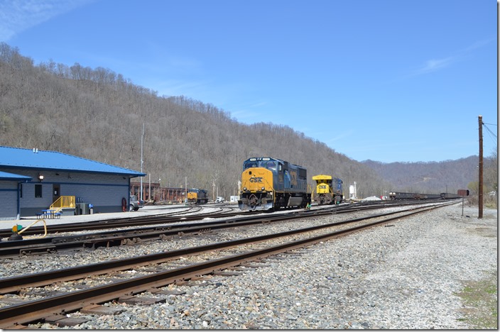 CSX 4535, 655 and 971 are shut down near the new Peach Creek yard office. The yardmaster here will also soon control Shelby, Martin, and Paintsville in addition to Danville and Elk Run Jct. Peach Creek.