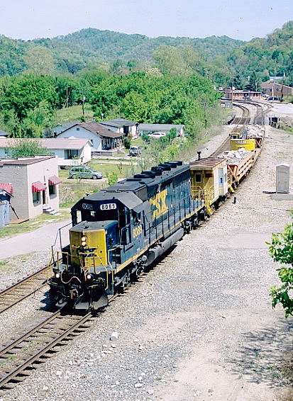 CSX SD40-2 8089 leaves Shelby with a w/b work train.