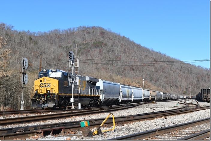 CSX 1850 DPU M653 is slowing to a stop on the main line for a crew change at the east end of the yard. Shelby KY.