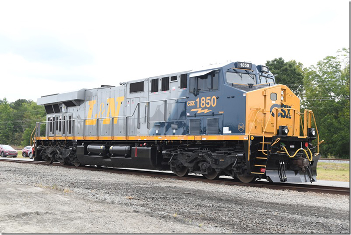 CSX helped out with the L&N Historical Society convention by having CSX ES44AH 1850 positioned at Etowah TN for photographs on 09-15-2023. This is ex-3056. CSX 1850. L&N Heritage. Etowah TN.