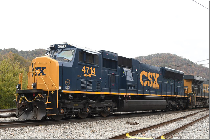 An upgraded CSX SD70MAC “Huntington Locomotive Shop SD70 Overhaul” 4714. Shelby KY on 10-22-2023.