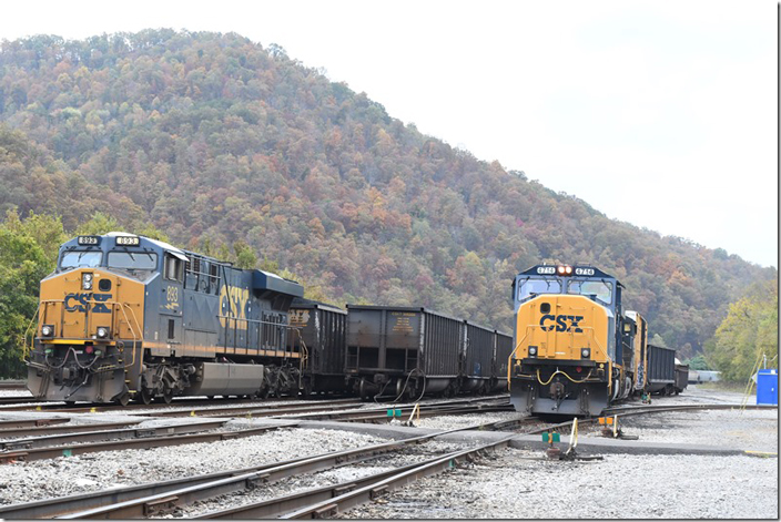 CSX 4714-5342 switches a w/b manifest. CSX 893 is coupled to a w/b McClure mine loaded Tidewater train. 10-22-2023. Shelby KY.