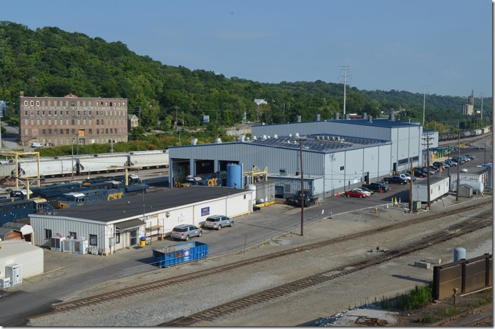 View from administration building (hump yardmaster tower) of the crew building and locomotive shop. CSX crew bldg & shop. Queensgate OH.