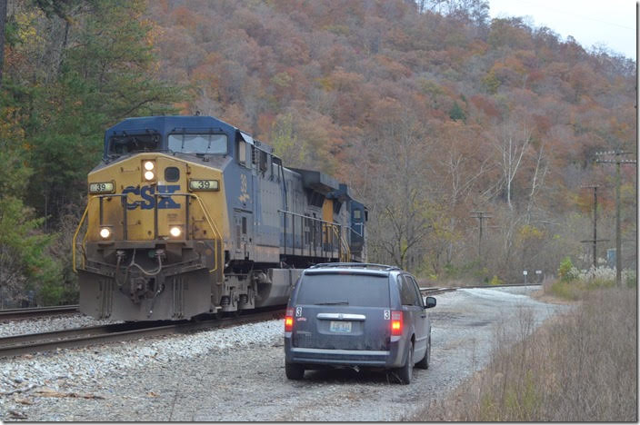 The taxi arrives to assist the conductor. CSX 39-593. View 2. Dent KY.