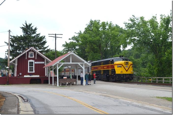 After a 10 minute stop, the train departed south for Akron with FPA-4 on the rear for the northbound trip. The Cleveland, Terminal & Valley built nearly identical depots at Peninsula and Boston Mills. The original Peninsula depot was retired at some point and replaced with the Boston Mills structure. CVSR 6777. Peninsula OH