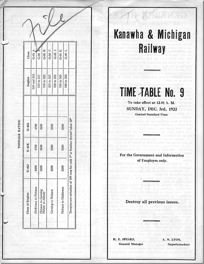 K&M - Time Table No 9, Dec 03, 1922.