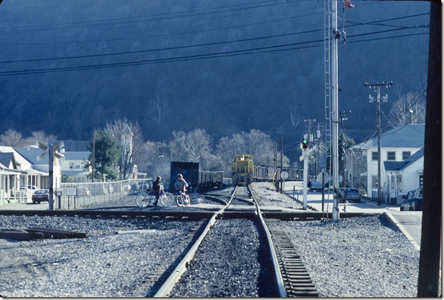 KC&NW 1. Shoving across Conrail to the barge terminal at Cedar Grove WV. 1990.