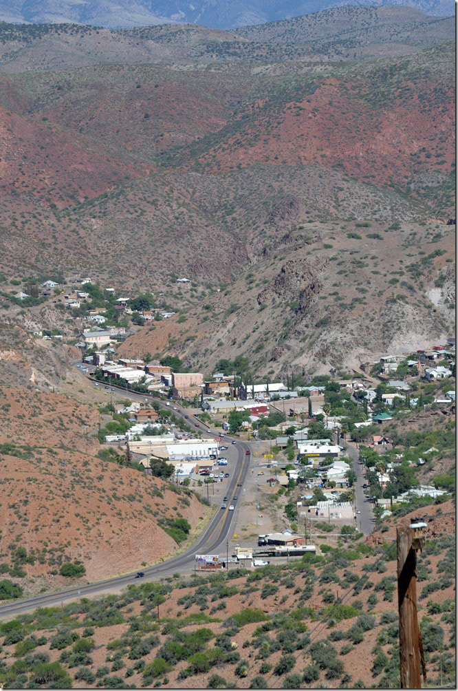 US 191 climbs the mountain to Morenci via a couple of hairpin curves. We’re leaving Clifton and heading up to Morenci and the copper mine. The 2 ft. “baby gauge” Coronado Railroad once hauled ore down this mountain to the smelter. Freeport-McMoRon’s railroad faces the same obstacle, but on a better engineered route. Clifton AZ from US 191.