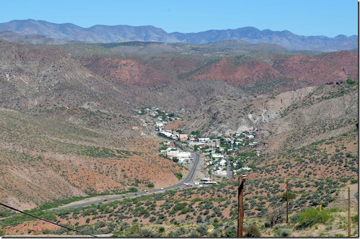 Almost to the top of the mountain after negotiating a couple of hairpin turns, we look down on Clifton AZ from US 191. 05-01-2019.