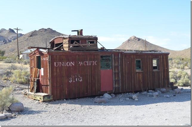 At the time, this former San Pedro, Los Angeles & Salt Lake caboose caused me to think that UP had built the line into Rhyolite. Not so. This retired caboose was brought in years later to be used for a gas station! UP caboose.
