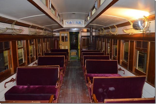 Interior of V&T combine coach 8. No. 8 was built by the V&T in 1869 and remodeled several times. V&T sold it to M-G-M in 1947 for movie use. The State of Nevada acquired the restored car in 1988, and it continues to see active service.