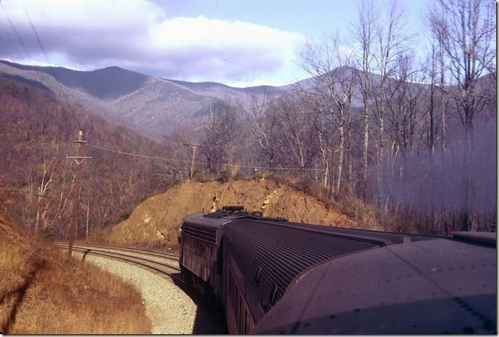 View from the dome car as No. 4 descends Blue Ridge Mountain at Coleman NC. 12-23-1973.