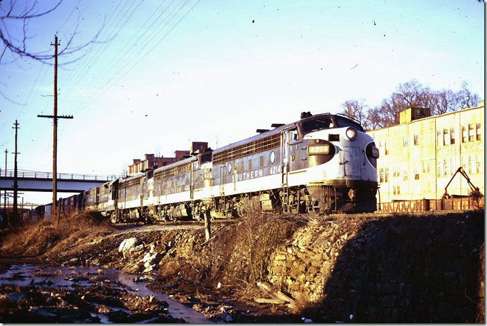 Southern 4214-4262-4207-2657-2663 arriving with a freight from Knoxville. 12-22-1973.