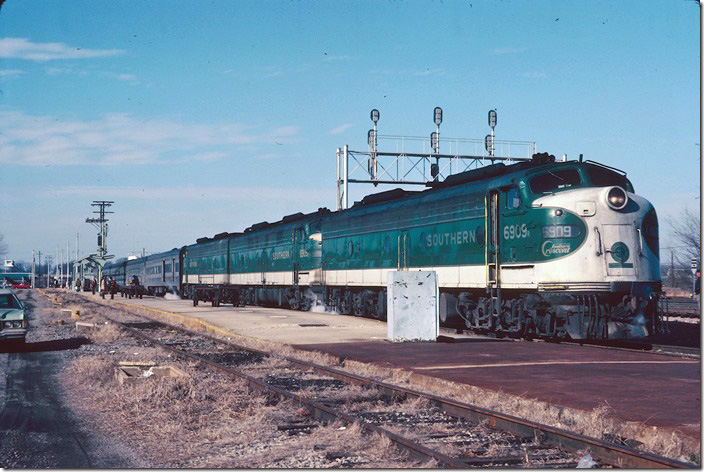 Southern 6909-6905-6913 at the former location of Terminal Station in Birmingham AL. I think the Crescent was tri-weekly south of Atlanta at this time. A third E-8a was used for insurance against breakdown.