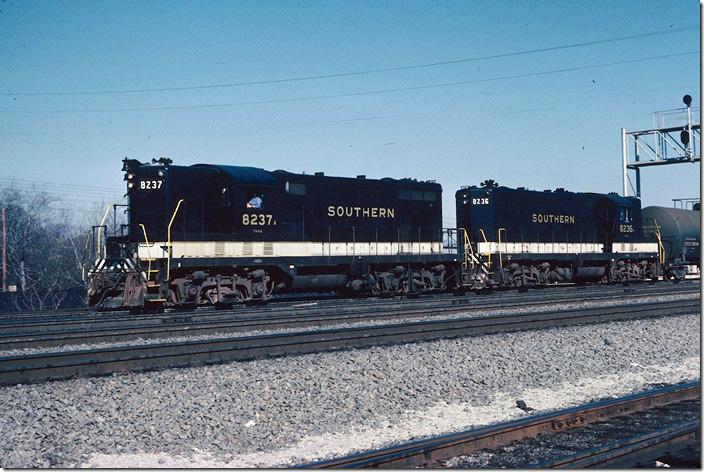 TA&G GP7s 8237-8236 head south with a freight. Tennessee, Alabama & Georgia Ry. was acquired by Southern in 1970. TAG ran from Chattanooga to Gadsden AL.