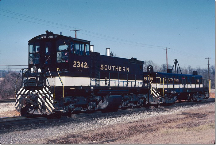 Southern SW1500 2342 and yard slug 915 at DeButts Yard. 01-30-1979.