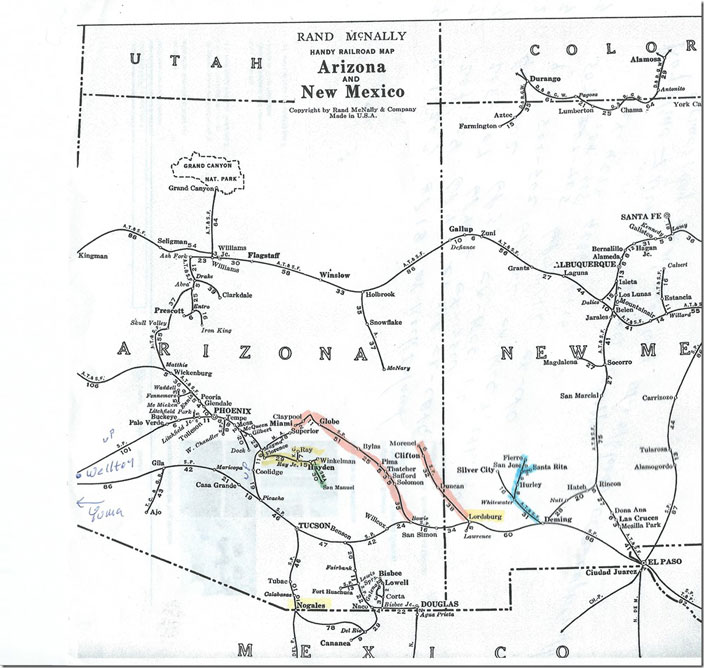 Main line of the AT&SF Deming Dist. from Whitewater to Silver City was abandoned years ago. Rand McNally railroad map.