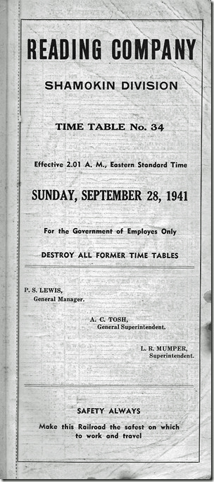 RDG Shamokin 1941 timetable number 34 cover.