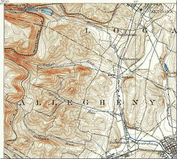 Holidaysburg 1:62,500 scale for 1902 that also includes the New Portage Branch (Mule Shoe curve) coming up from Hollidaysburg. Hollidaysburg PA, 1:62,500 quad, 1902, USGS.