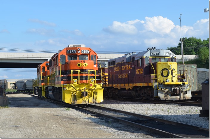 Ohio Central 2129 and 8712. Ohio Central is one of Genesee & Wyoming’s 113 shortlines and regionals, but it doesn’t serve Briar Hill OH. From the G&W website looks like Briar Hill may be under Youngstown Belt Railroad, and the power is leased. Briar Hill OH.