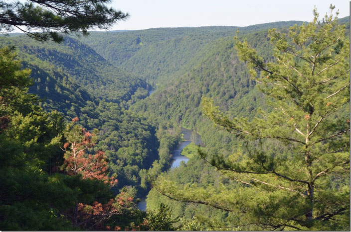 View looking south from Otter View overlook. The rail trail is on the left or east side of the creek. Pine Creek Gorge PA.