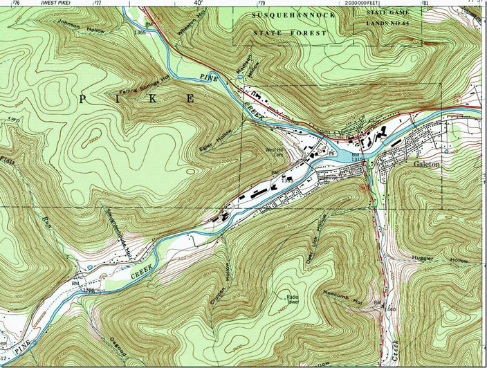If there were any railroad structures up Pine Creek’s Left Fork I didn’t notice them. 1994 quad. Galeton PA, 1:24,000 quad, USGS.
