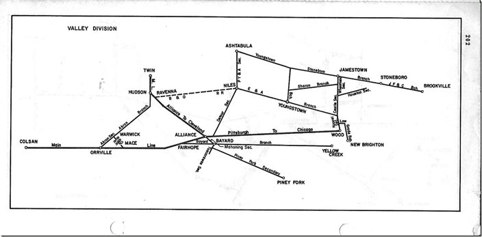 Penn Central Valley Division map ca. 1974. This encompasses former PRR and NYC track. The division connects with adjacent divisions not shown.