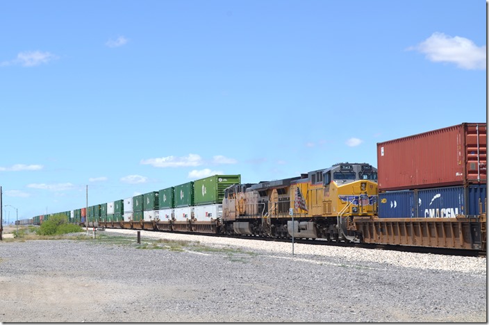 UP DPUs 7143-7295 are in the middle of the train. Some McClure met coal trains run that way here. Lordsburg NM.