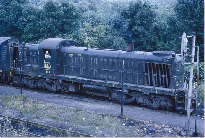 CNJ ALCo RSD-4 1614 has just finished a cut on the westbound hump. Bethlehem PA.