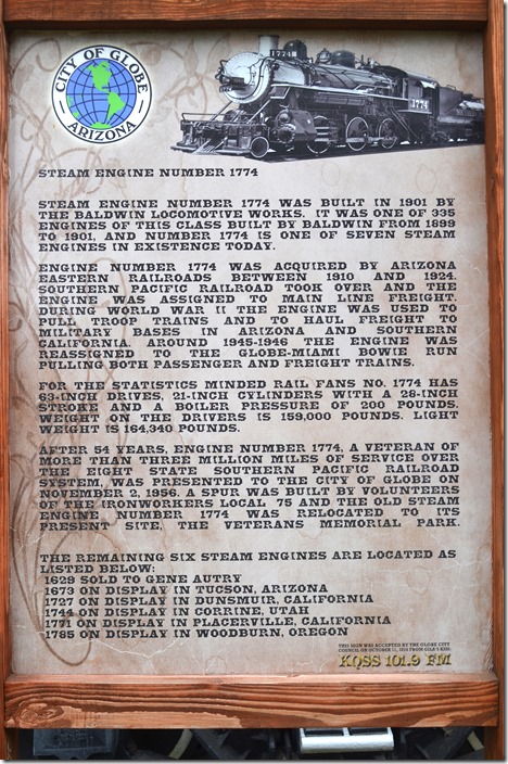 1774 was donated by SP in 1956. It is a M-8 class built by Baldwin in 1901. Espee donated a lot of their locomotives. SP 1774 plaque. Globe AZ.