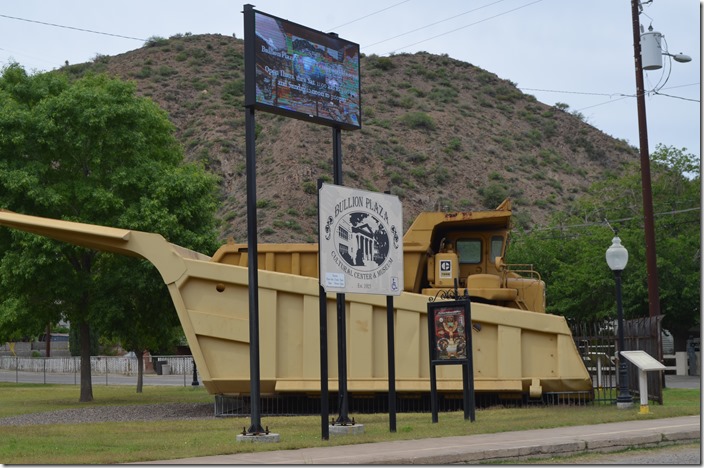 At the Miami Cultural Center & Museum this Cat 769 end-dump truck is displayed in the bed of a larger end-dump that is used in the copper mine pit. The museum is in the former high school, but it closed at 3:00 PM, just as we arrived. Miami AZ. Bullion Plaza.