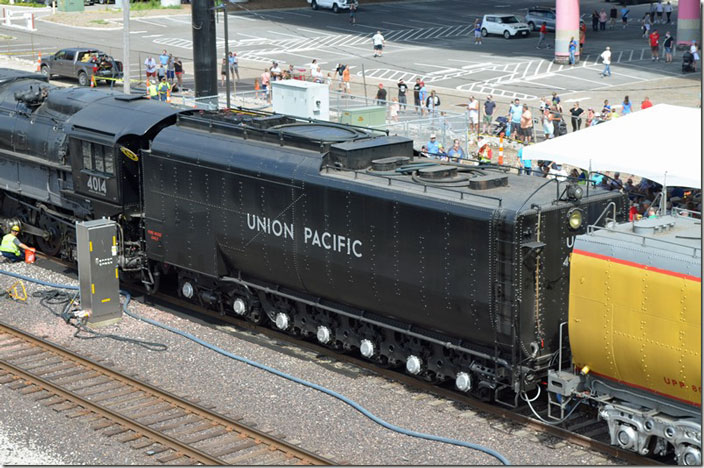 The red lettering on the lower front of the tender reads “Fire Hose Only.” Back in the day these tenders had nozzles on top of the tank to aim toward trackside fires caused by cinders. UP 4014 tender.